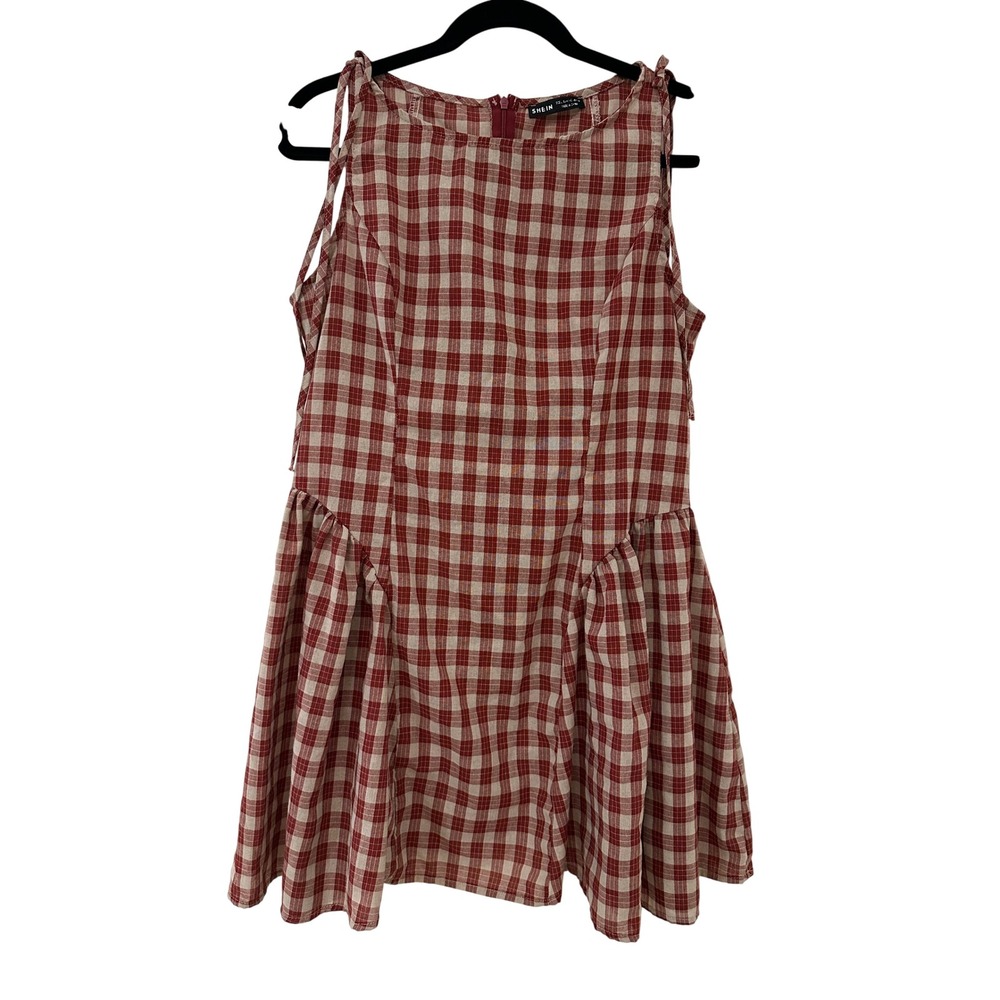 Shein Red Gingham Plaid Tie Shoulder Mini Dress US 10 Dropped Waist Picnic